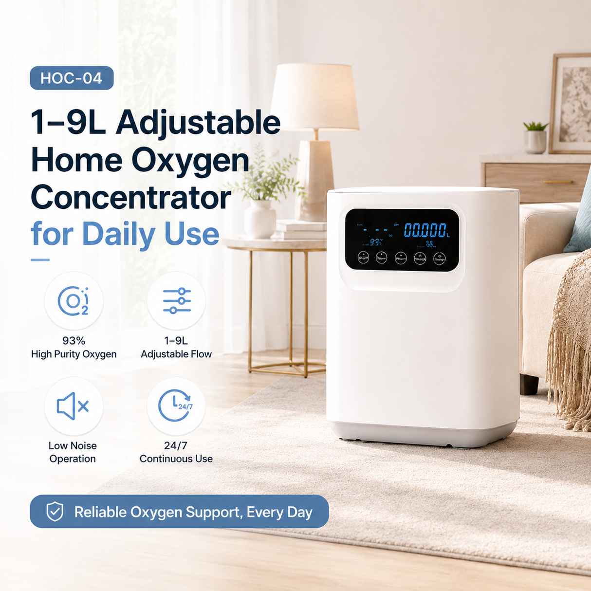 Home Use Continuous Flow 1-9L Oxygen Concentrator All Night Use With Low Noise HOC-04