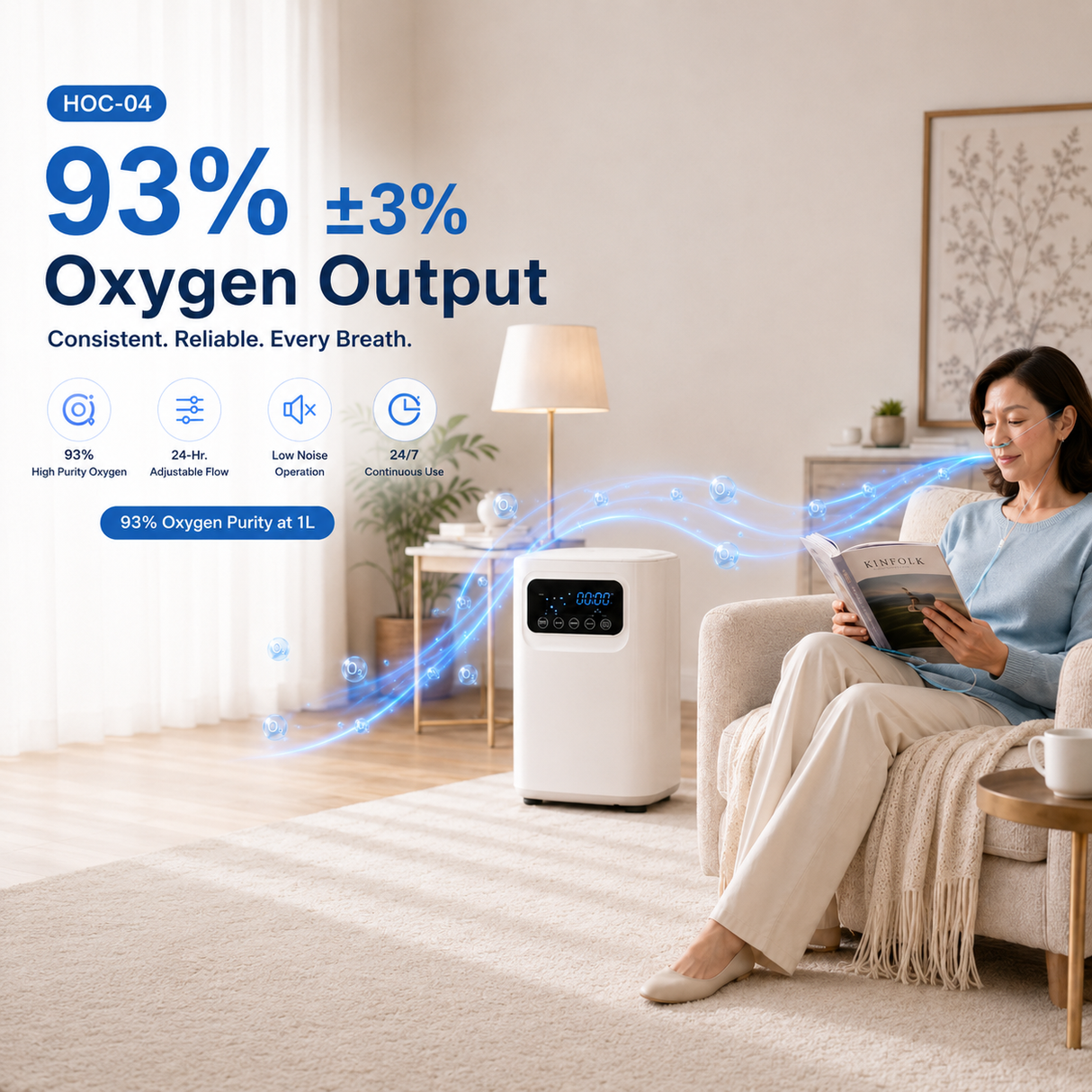 Home Use Continuous Flow 1-9L Oxygen Concentrator All Night Use With Low Noise HOC-04