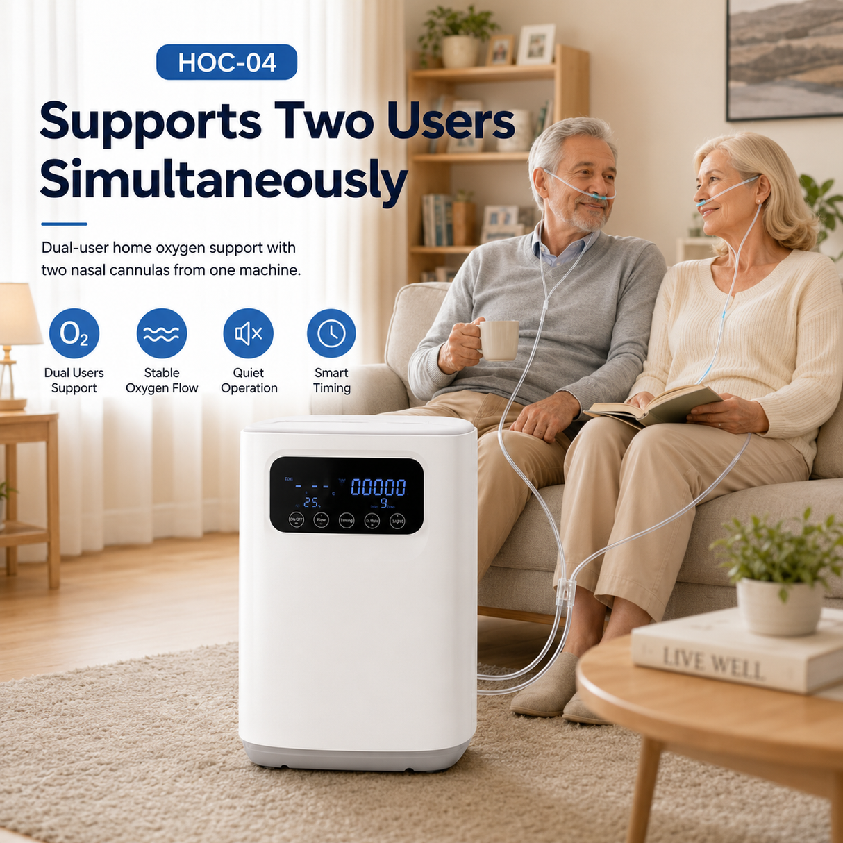 Home Use Continuous Flow 1-9L Oxygen Concentrator All Night Use With Low Noise HOC-04