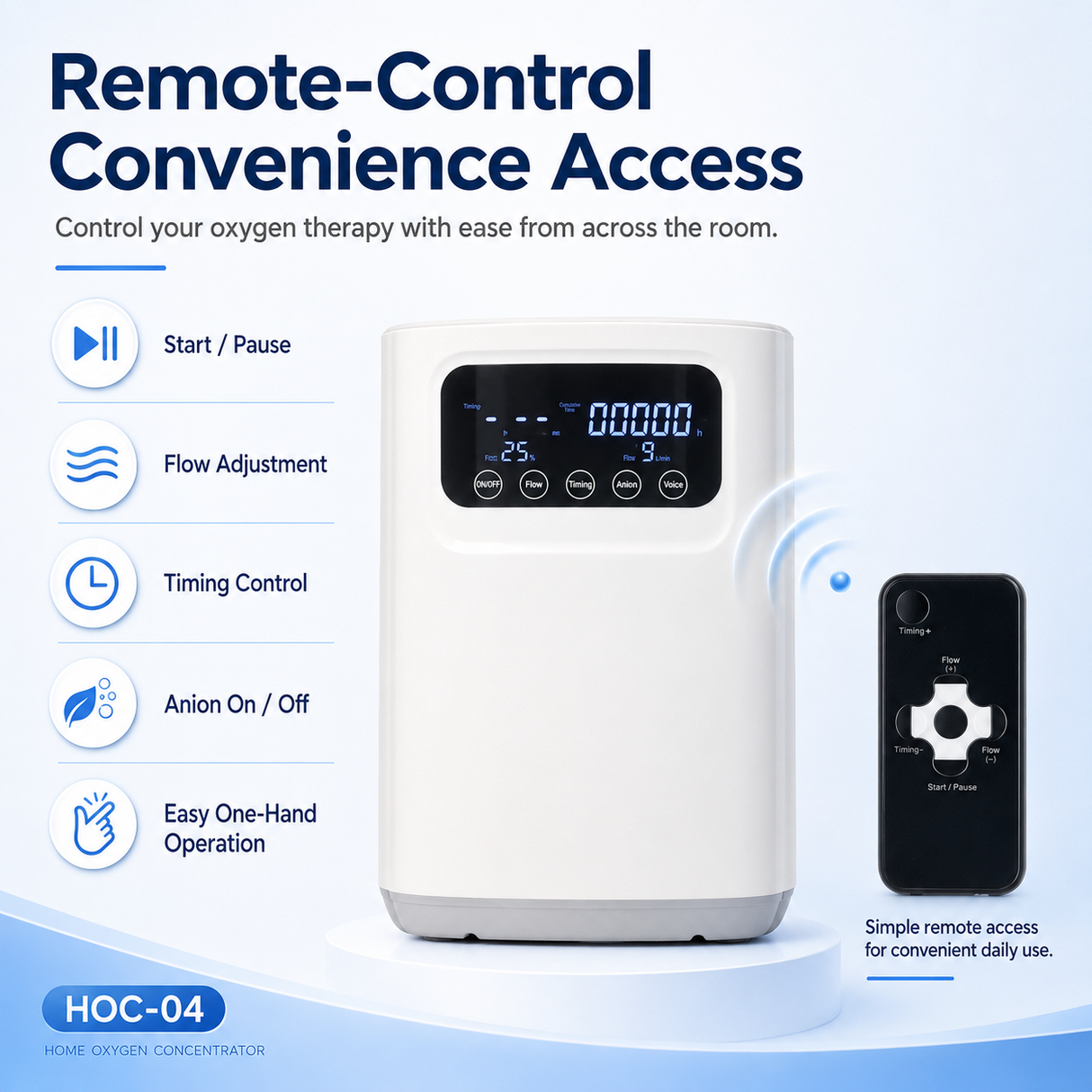Home Use Continuous Flow 1-9L Oxygen Concentrator All Night Use With Low Noise HOC-04