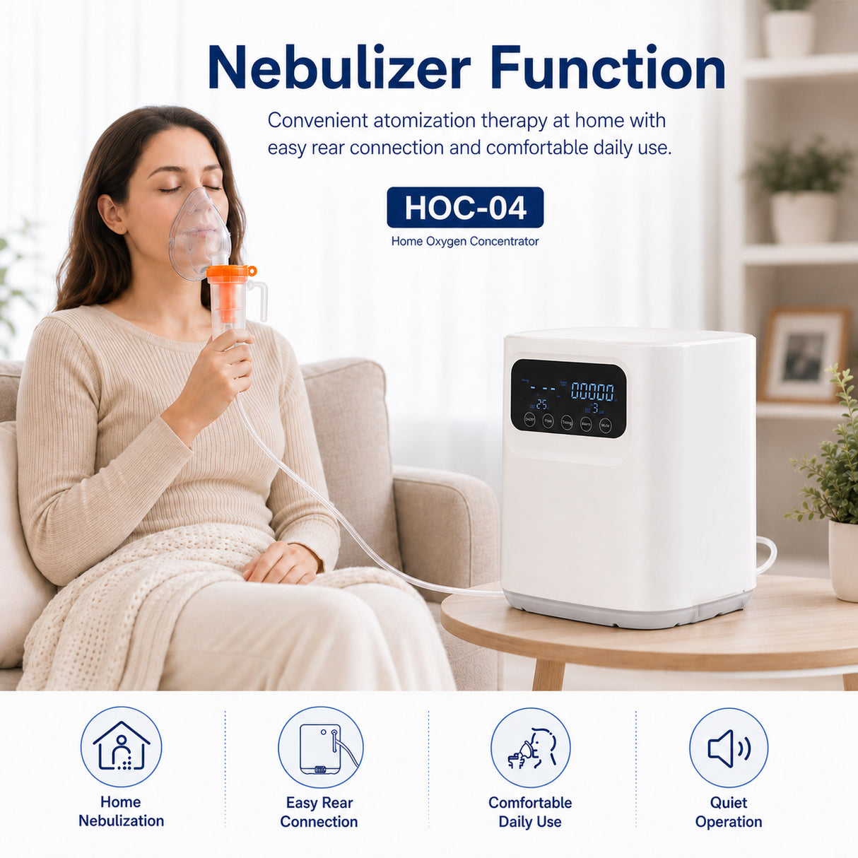 Home Use Continuous Flow 1-9L Oxygen Concentrator All Night Use With Low Noise HOC-04