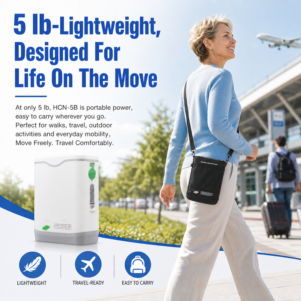 Lightweight 1-5L Adjustable Continuous Flow Portable Oxygen Concentrator With Long Time Battery For Travel Use HCN-5B